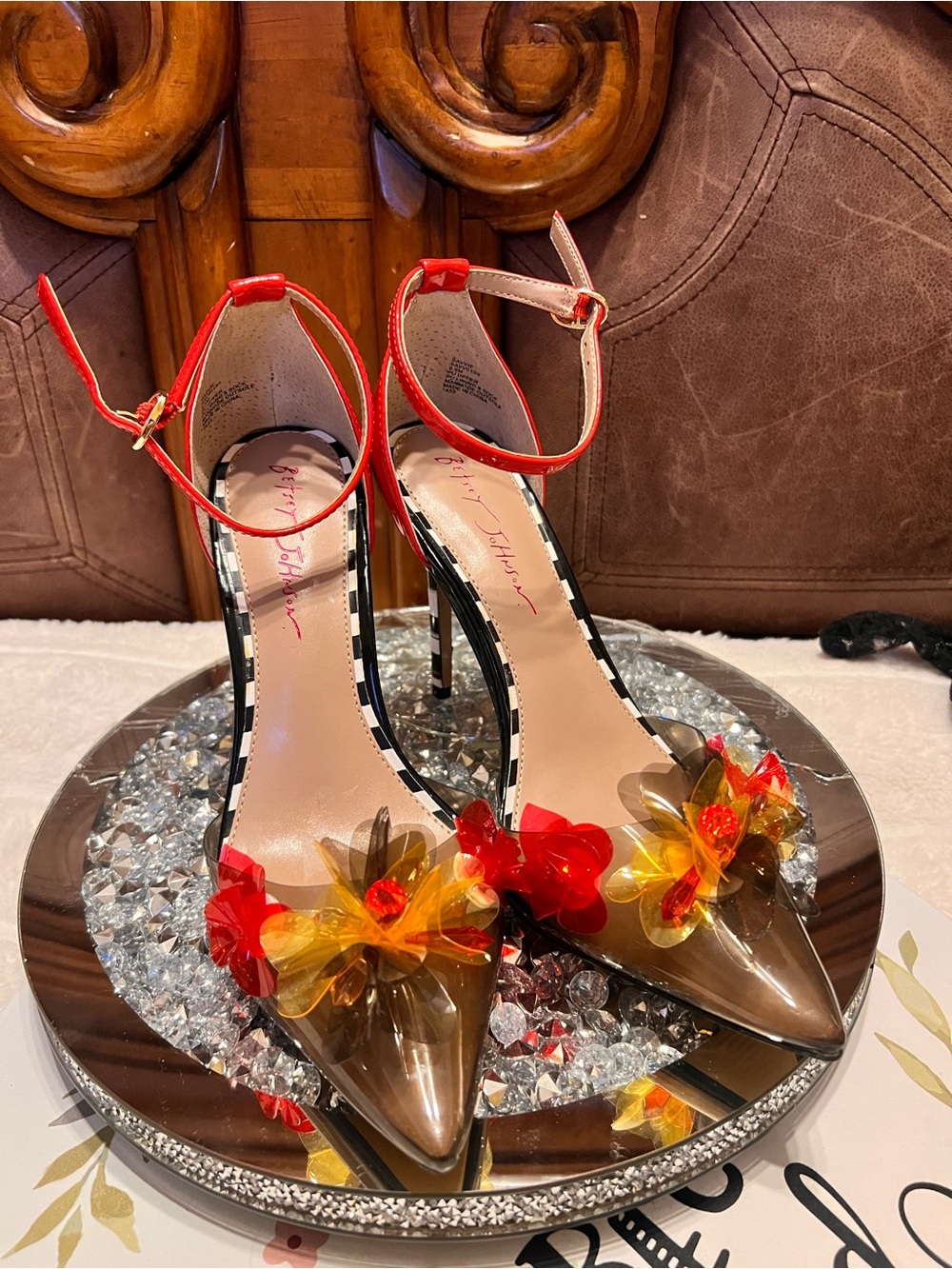 Betsey Johnson Red Patent Floral Clear Pointed-Toe Heels size 9.5